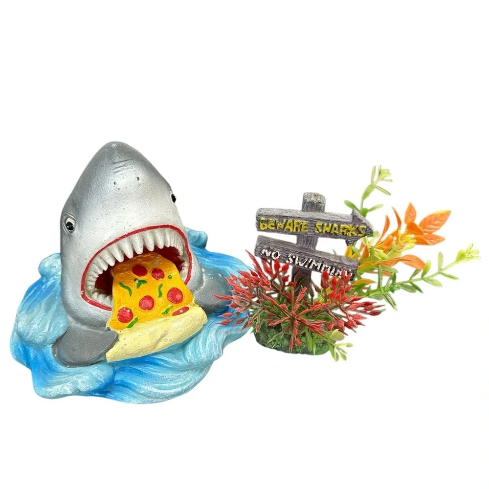 Fish Tank Ornaments Shark Eating Pizza and Sign/Shrubs‎ Beware Shark No Swimming
